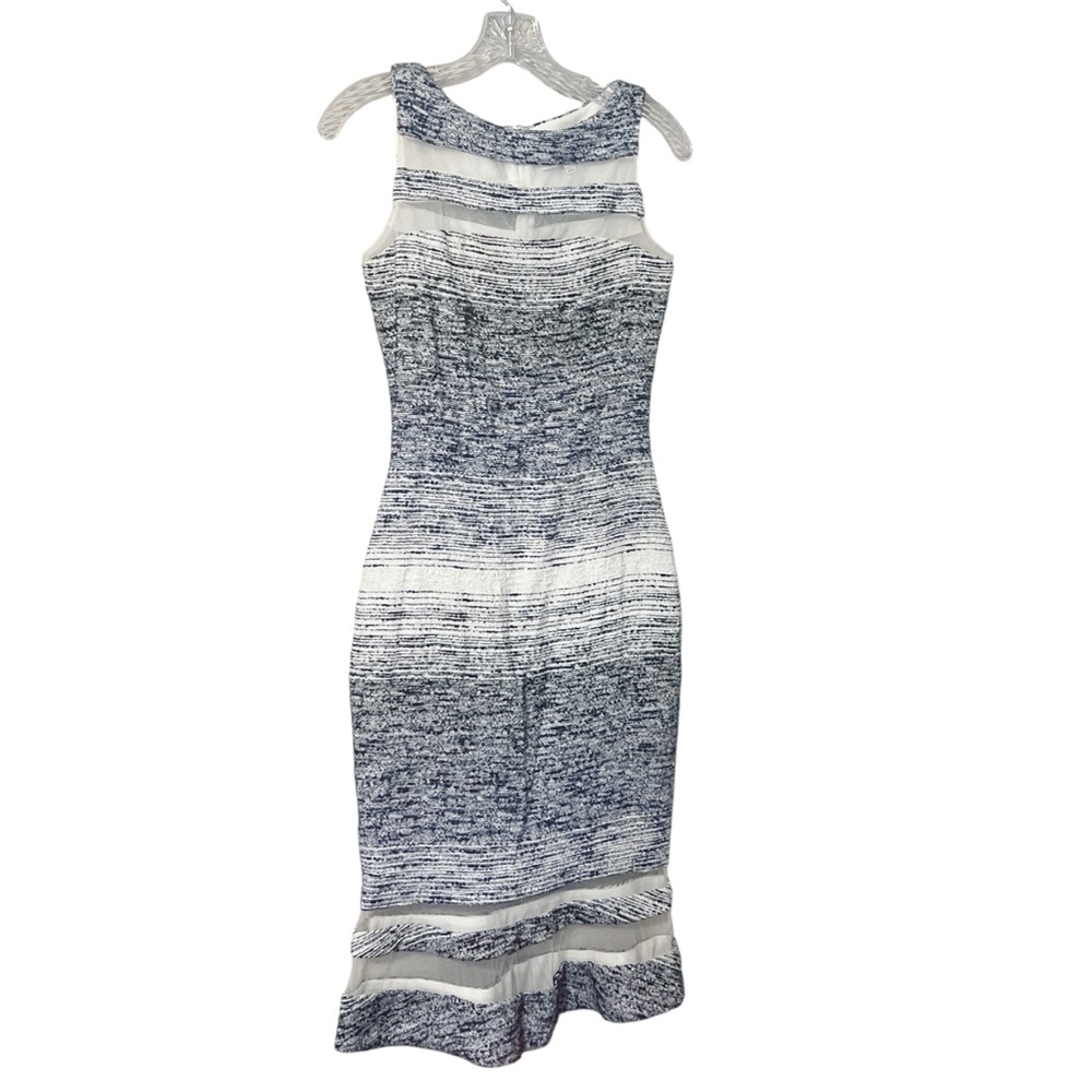 Badgley Mischka Metallic Tweed Sleeveless Dress Size 2 Navy / White / Silver EUC